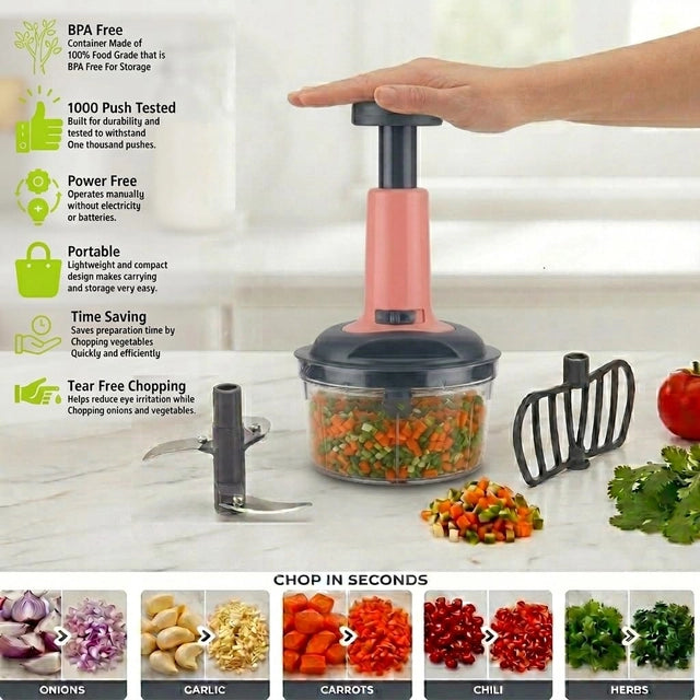 Push Chopper 650ml Manual Vegetable Chopper with 3-Tier Stainless Steel Blades (Pack of 1)